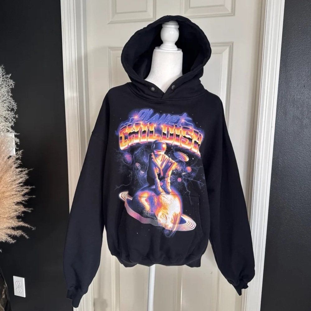 Childish Planet Hoodie Oversize Black Graphic Print UFO size Large
